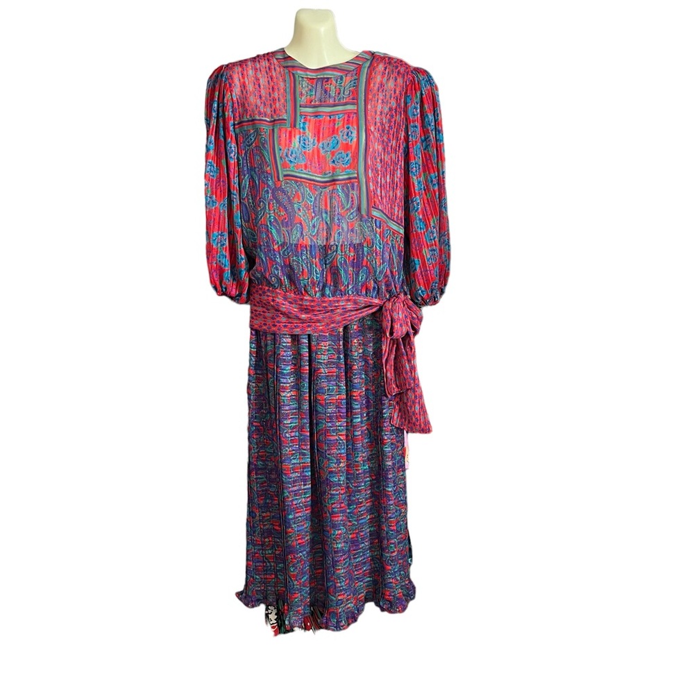 Diane Freis Vintage Red, Blue, Purple and Metallic Skirt and Top Set Siz…